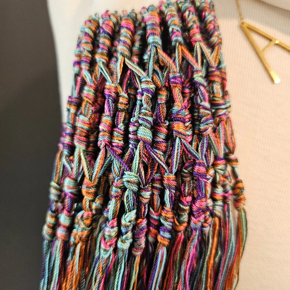 Cream Sheer Scarf with Rainbow Macrame Hand Knotted Tassel Fringe Boho 96 Inch